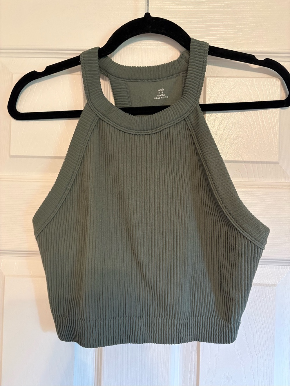 aerie Olive Ribbed Halter Crop Tank